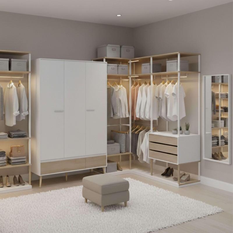 Sistema modular de armarios walk-in con puertas blancas y estructura madera natural y barras de colgar ropa en ambiente de vesti
