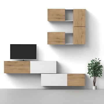 Composición modular de salón con muebles suspendidos en madera natural y blanco con detalles grises en ambiente completo
