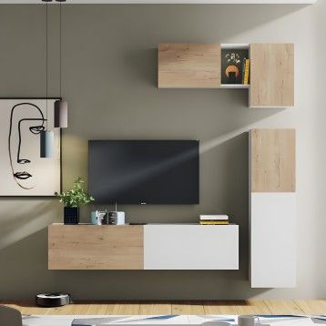 Mueble modular de TV en madera clara y blanco con estantes flotantes y gavetas en ambiente de sala
