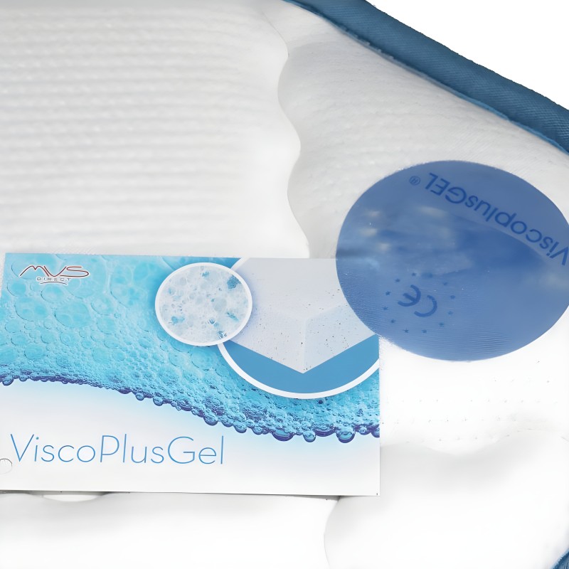 Detalle de colchón viscoelástico con gel en tonos azules y blancos y empaque ViscoPlus Gel