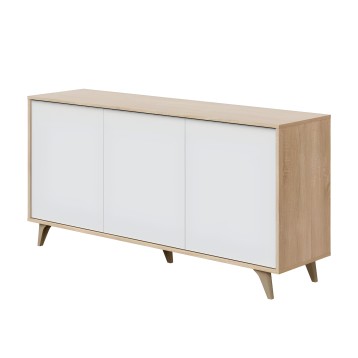 Aparador de madera natural con frentes blancos y tres puertas abatibles y patas cónicas de madera