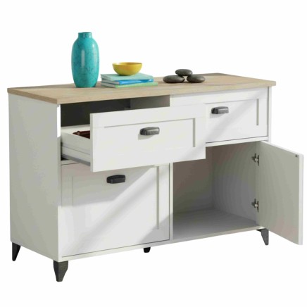 Cómoda blanca con tapa de madera natural y tres cajones abiertos más puerta abatible y patas negras