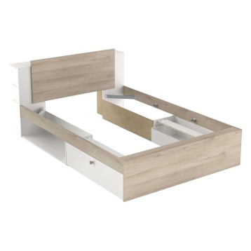 Cama con estructura en madera clara y blanco con cabecero tapizado y cajones de almacenaje inferiores