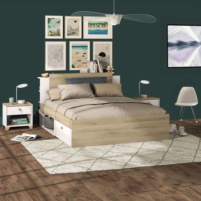 Cama con respaldo y almacenamiento en madera clara y blanco en ambiente de dormitorio moderno y minimalista