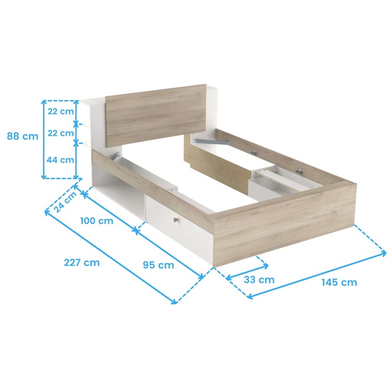 Cama de madera con cabecero y estructura en tonos naturales y blanco con cajones de almacenaje integrados