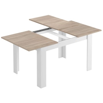 Mesa extensible con tablero en madera clara y estructura blanca y patas de madera extensible