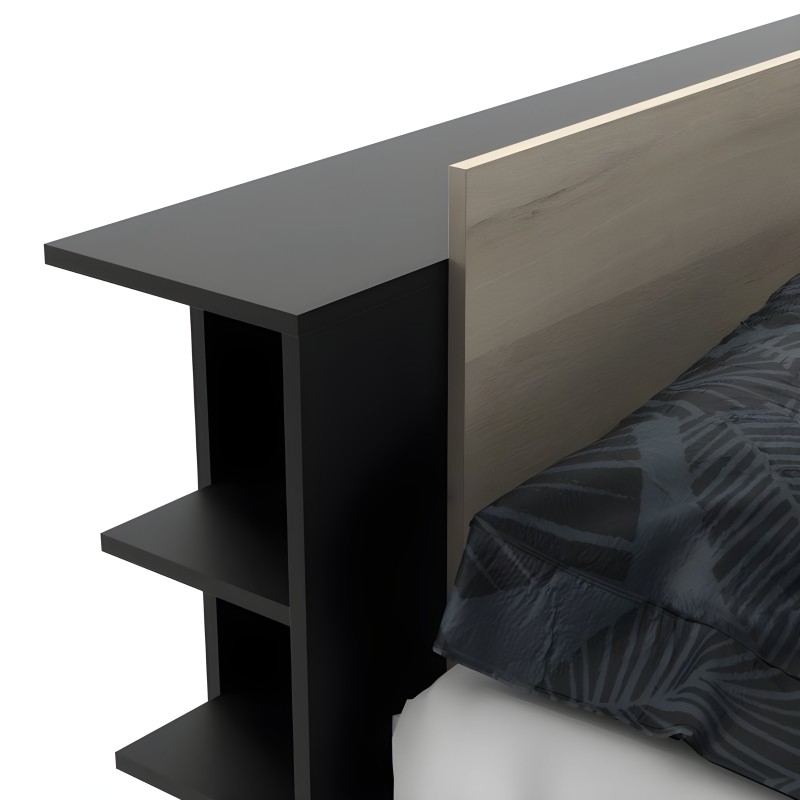 Cabecero de cama en madera clara con estantes laterales negros y superficie superior gris oscuro