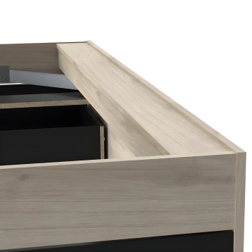 Cama con estructura de madera clara y tapa abatible abierta mostrando interior con cajones negros y compartimentos de almacenaje