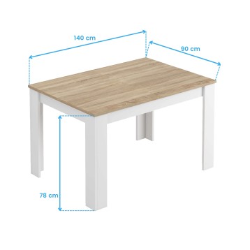 Mesa rectangular con tablero en tonos naturales y estructura blanca mostrando dimensiones principales