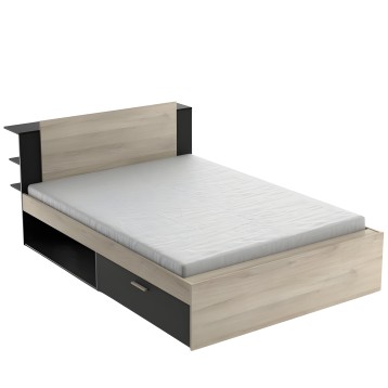 Cama doble con estructura madera clara y laterales negros con estantes integrados y cajón inferior