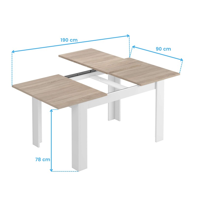 Mesa extensible con tablero en acabado madera clara y patas blancas y mecanismo de extensión visible