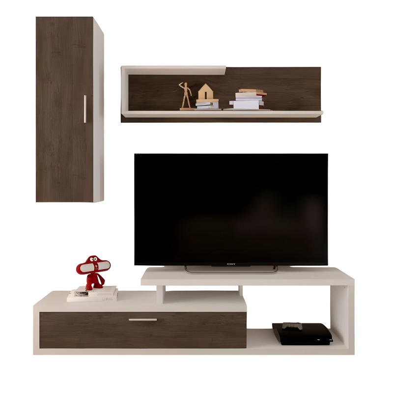 Conjunto de mueble TV modular con armario marrón y blanco y estantería flotante de madera oscura y clara