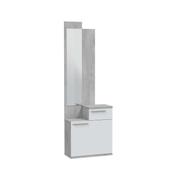 Espejo de pie con mueble base blanco y estructura gris hormigón con cajones y almacenamiento