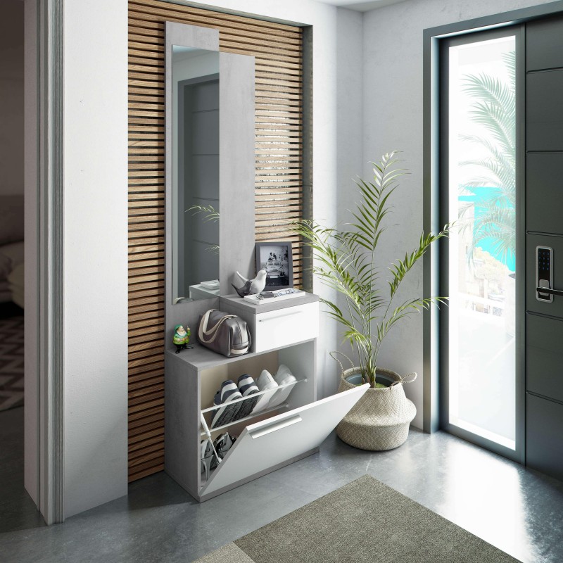 Mueble recibidor blanco con espejo integrado y paneles de madera natural en ambiente de entrada moderna