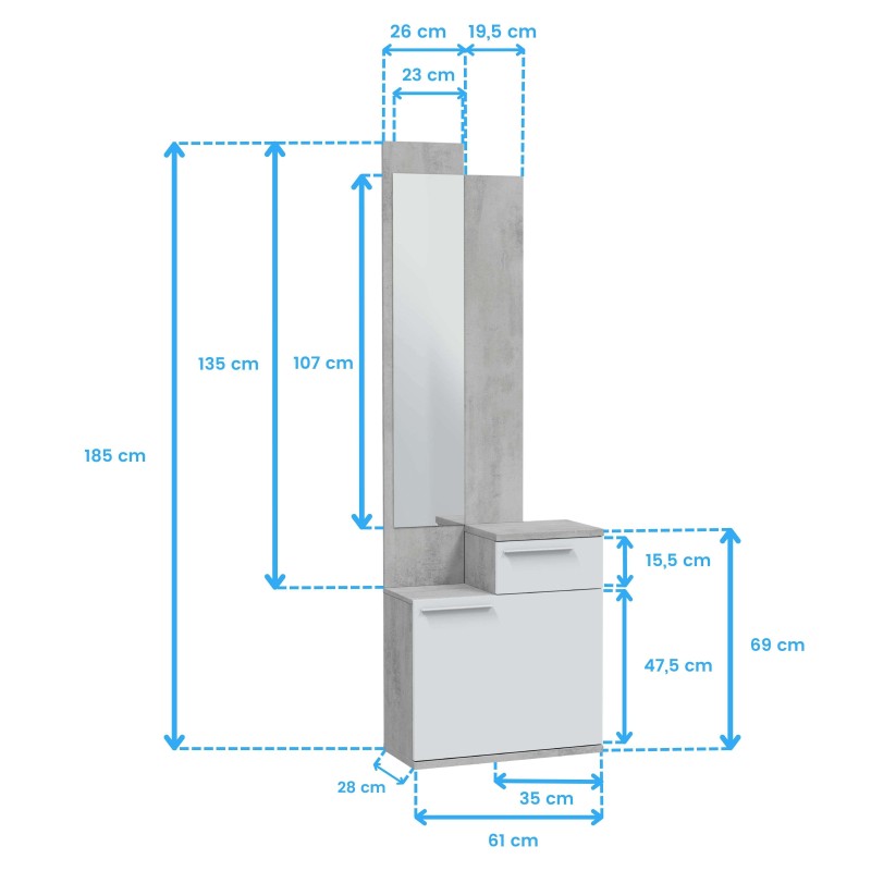 Armario modular blanco y gris con cajones y estantes abiertos vista lateral con medidas técnicas