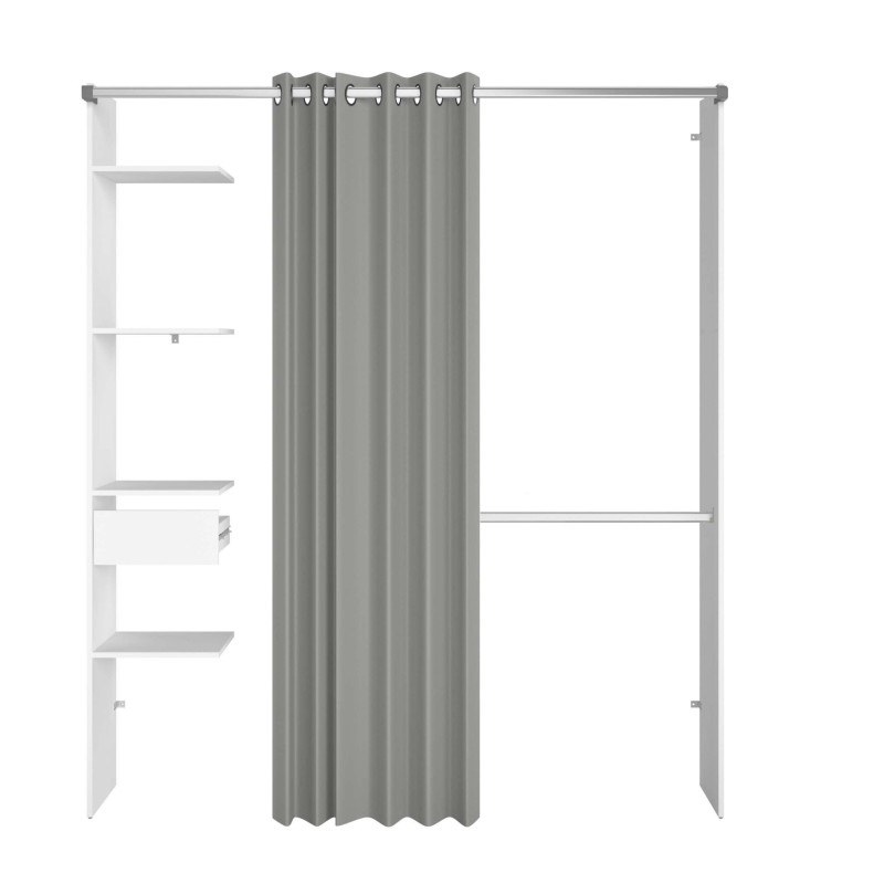 Cortina gris con ojales colgada en barra plateada junto a estantería blanca modular