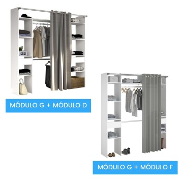 Sistema modular de armario blanco con barras de colgar y cortina gris para organizar ropa y accesorios