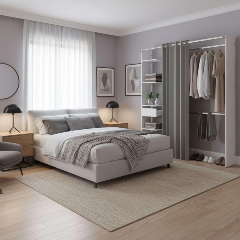 Armario blanco con barras de metal y cortinas grises en dormitorio moderno junto a cama tapizada gris