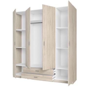 Armario modular de madera clara con puertas abatibles y estantes interiores blancos y cajones en la base