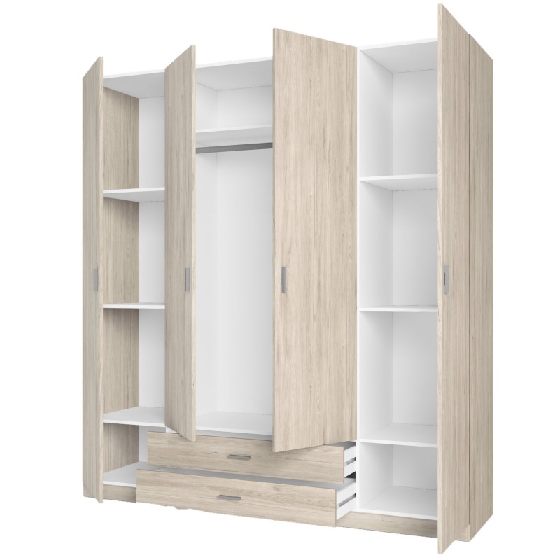 Armario modular de madera clara con puertas abatibles y estantes interiores blancos y cajones en la base