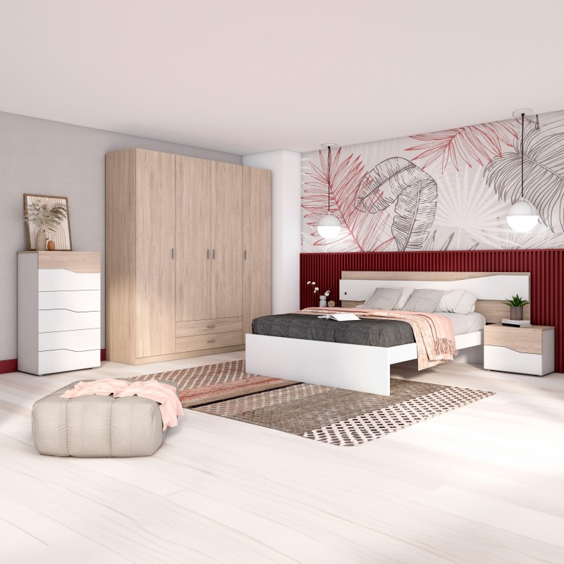 Dormitorio completo con cama blanca y madera natural y armario roble con puertas lisas y cajones inferiores