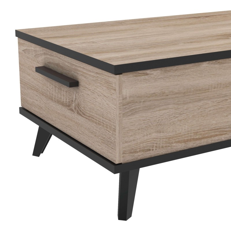 Mesita de noche madera clara con borde negro y patas metálicas oscuras y tirador frontal