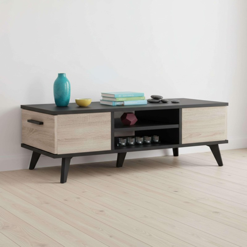 Mesa de centro de madera clara y negro con cajones y estantes abiertos estilo retro