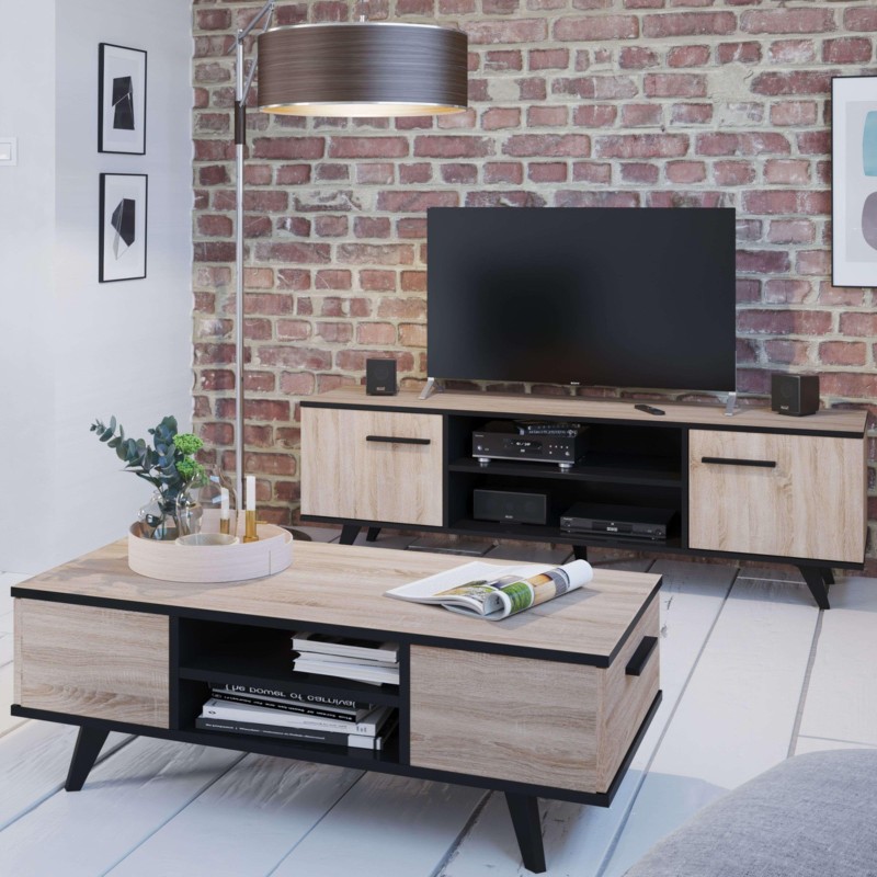 Conjunto de muebles TV madera clara y negro con mesa de centro y mueble TV patas de madera en ambiente