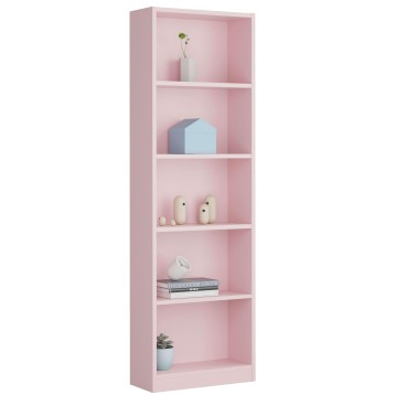 Estantería vertical rosa con seis compartimentos abiertos y decoración de plantas y objetos