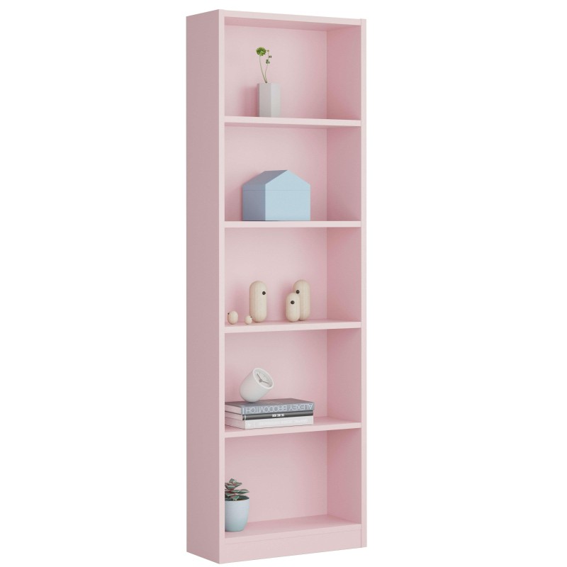 Estantería vertical rosa con seis compartimentos abiertos y decoración de plantas y objetos