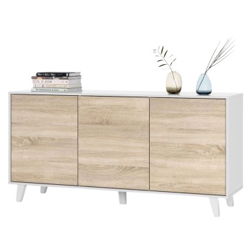 Aparador blanco con frentes en madera clara y patas de madera blanca con decoración en la superficie superior