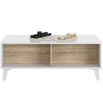Mueble TV blanco con frentes en madera natural y patas de madera con tablero superior blanco decorado con ajedrez