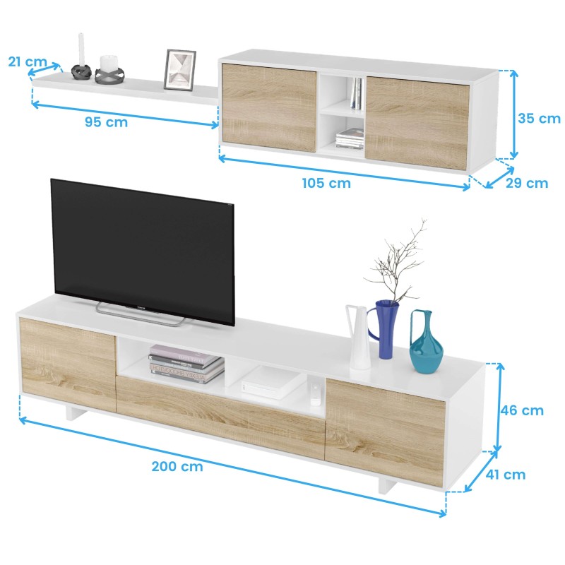 Mueble TV blanco con puertas y estantes en roble y estantería flotante superior a juego con decoración