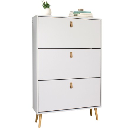 Cómoda blanca de tres cajones con tiradores de madera y patas de madera clara estilo nórdico