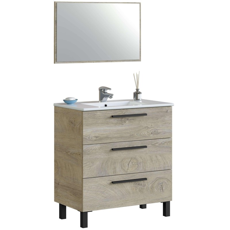 Mueble lavabo con tres cajones en madera clara y espejo rectangular marco gris para baño