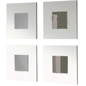 Espejo de pared cuadrado marco blanco con cristal gris y detalles en relieve vista frontal y profundidad
