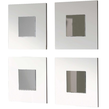 Espejo de pared cuadrado marco blanco con cristal gris y detalles en relieve vista frontal y profundidad