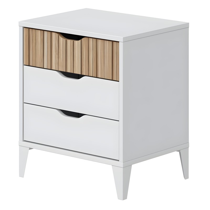 Mesita de noche blanca con cajón superior en madera natural acanalada y dos cajones inferiores blancos