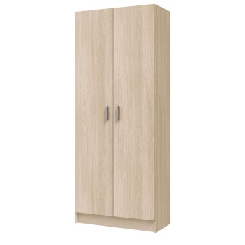 Armario de madera clara con dos puertas y tiradores metálicos grises vista frontal