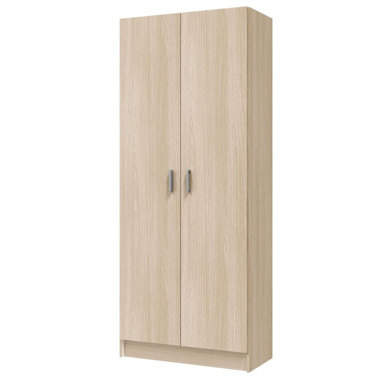 Armario de madera clara con dos puertas y tiradores metálicos grises vista frontal
