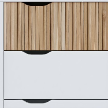 Cajonera de madera clara con frentes de tablillas verticales y tiradores negros curvos vista frontal