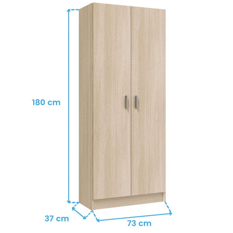 Armario de madera clara con dos puertas y tiradores metálicos vista frontal