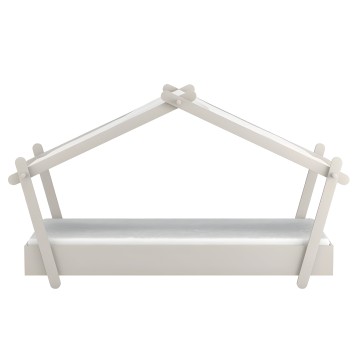 Cama infantil con forma de casita y estructura blanca de madera con barandillas laterales