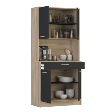 Alacena alta de madera clara con puertas negras y estantes abiertos para cocina con cajonera central