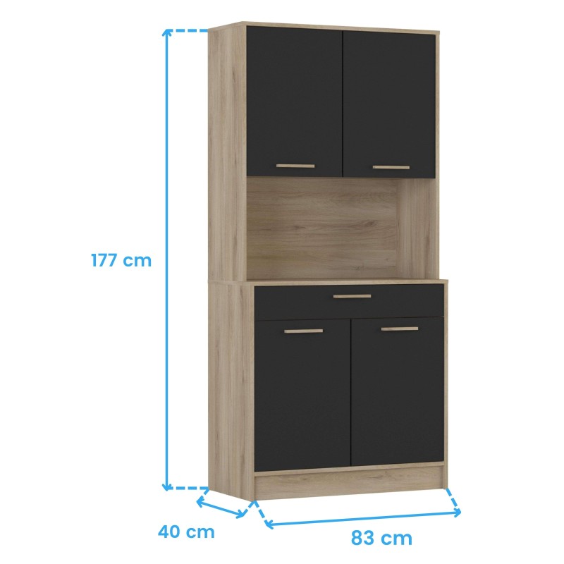 Alacena alta de madera natural y frentes negros con 5 puertas y estante central abierto