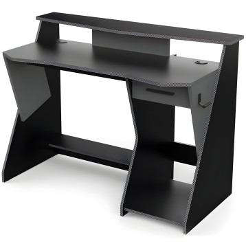 Escritorio gamer negro con doble superficie y repisa superior y laterales abiertos con acabado fibra de carbono