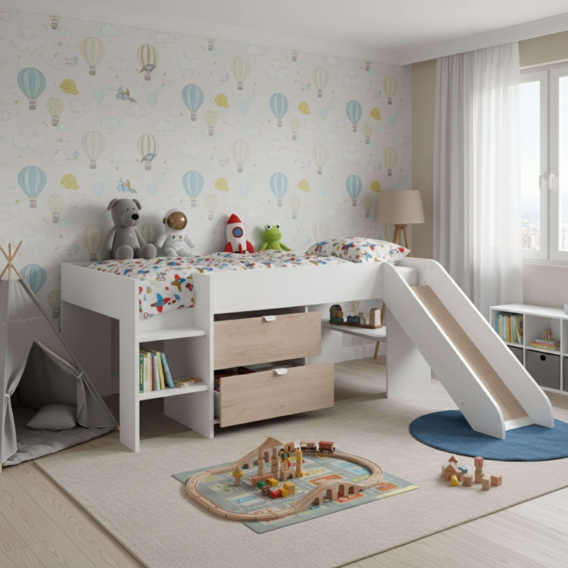 Cama infantil blanca con tobogán integrado y almacenamiento en madera natural para dormitorio infantil
