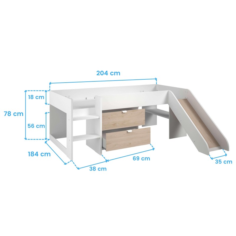 Cama alta infantil blanca con tobogán lateral y escritorio integrado con cajones en madera natural