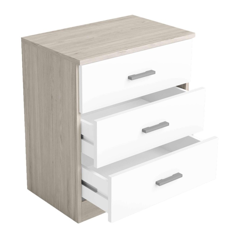 Cómoda con tres cajones blancos y estructura en madera clara con tirador gris metálico