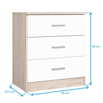 Cajonera de madera clara y blanca con cuatro cajones y tiradores grises